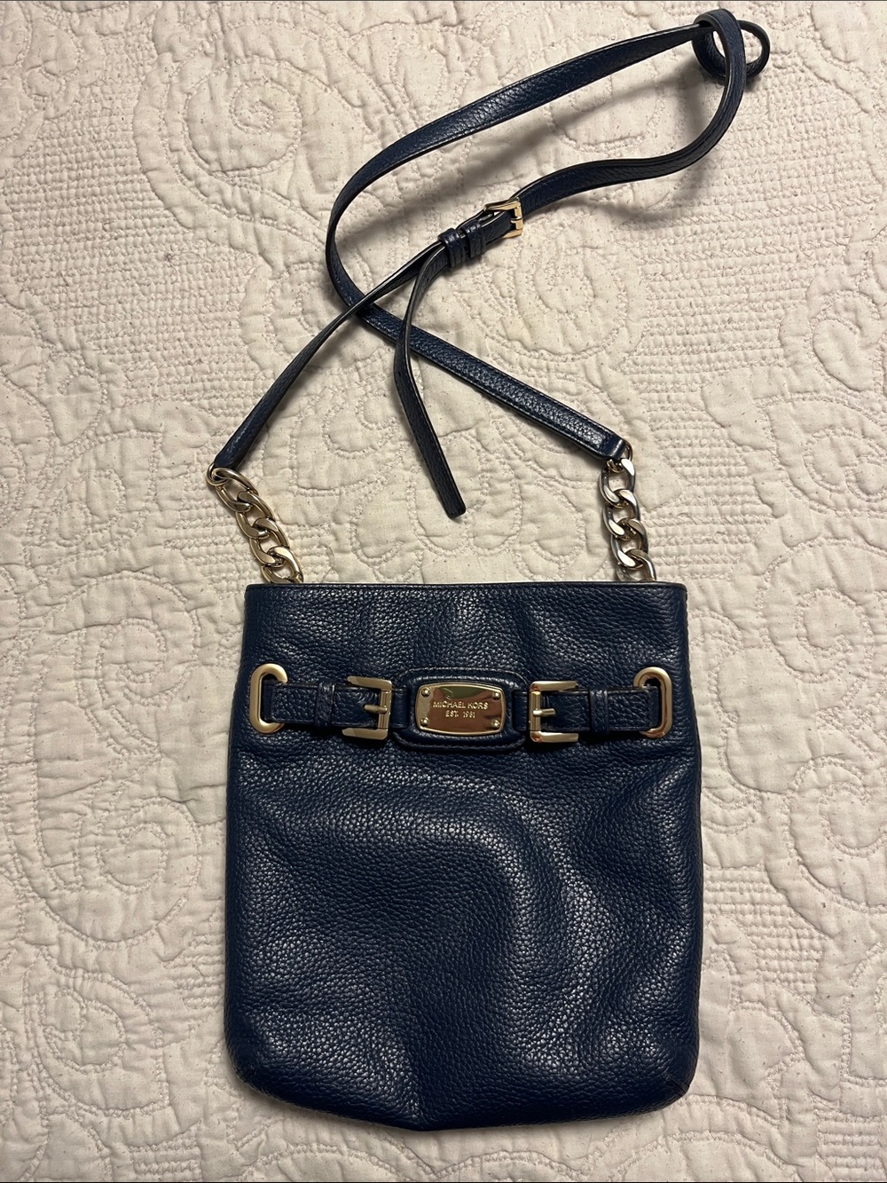 Michael Kors Navy Pebbled Leather Crossbody with Gold Hardware
